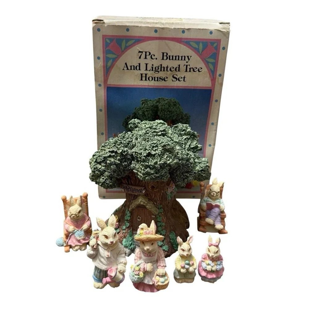 Vintage Easter Village Set 7Pc Bunny & Lighted Tree House Light Works